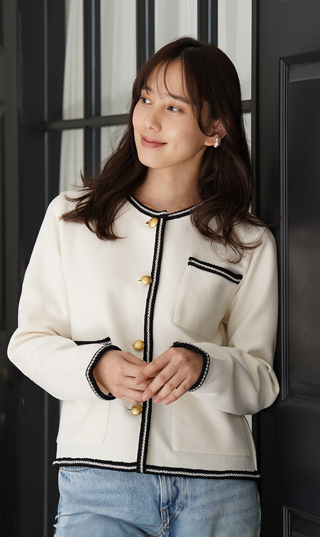 【アダワス】ライトインレイニットトリムジャケット白