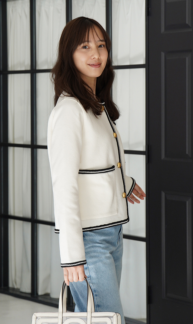 【アダワス】ライトインレイニットトリムジャケット白