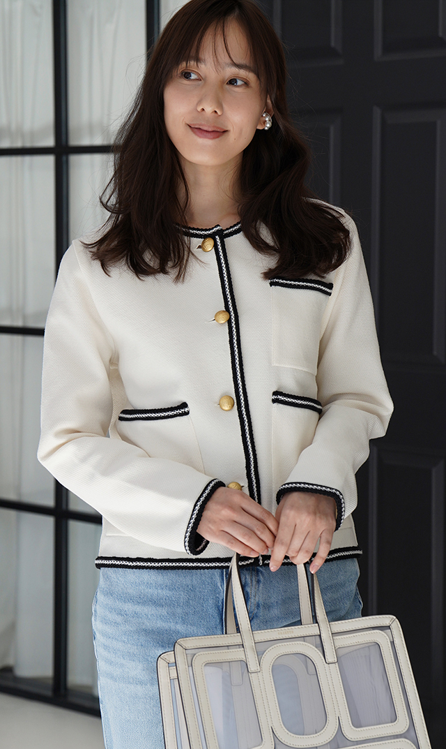 【アダワス】ライトインレイニットトリムジャケット白