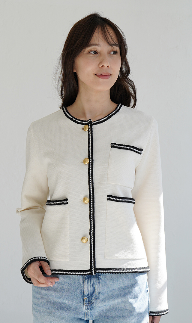 【アダワス】ライトインレイニットトリムジャケット白