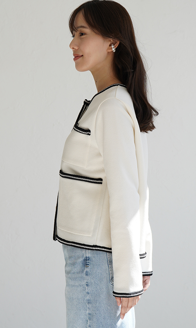 【アダワス】ライトインレイニットトリムジャケット白