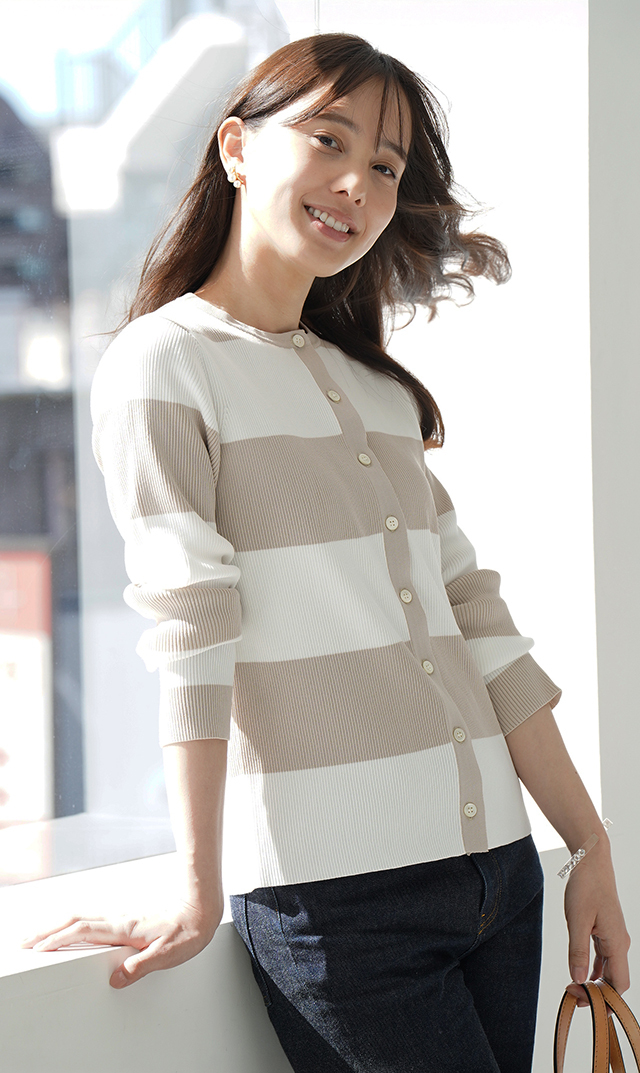 【アダワス】クルーネックボーダーカーディガン(２色展開）