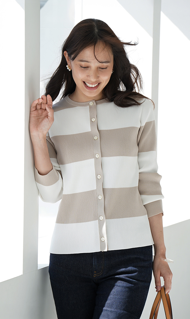 【アダワス】クルーネックボーダーカーディガン(２色展開）