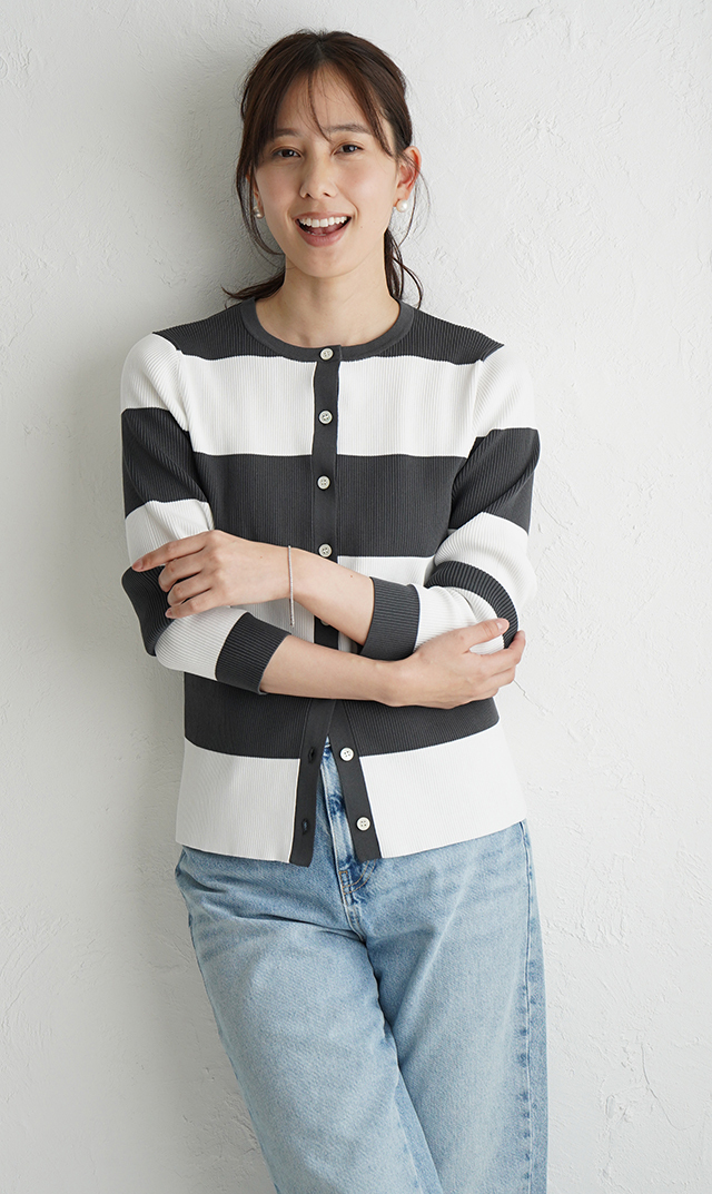 【アダワス】クルーネックボーダーカーディガン(２色展開）