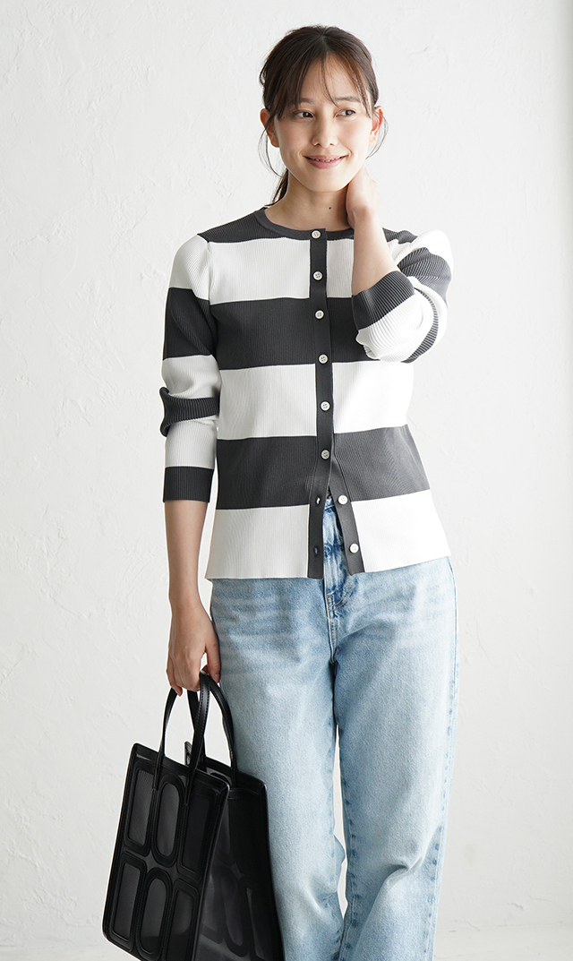 【アダワス】クルーネックボーダーカーディガン(２色展開）