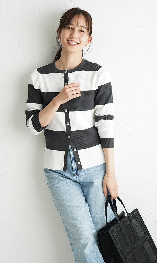 【アダワス】クルーネックボーダーカーディガン(２色展開）