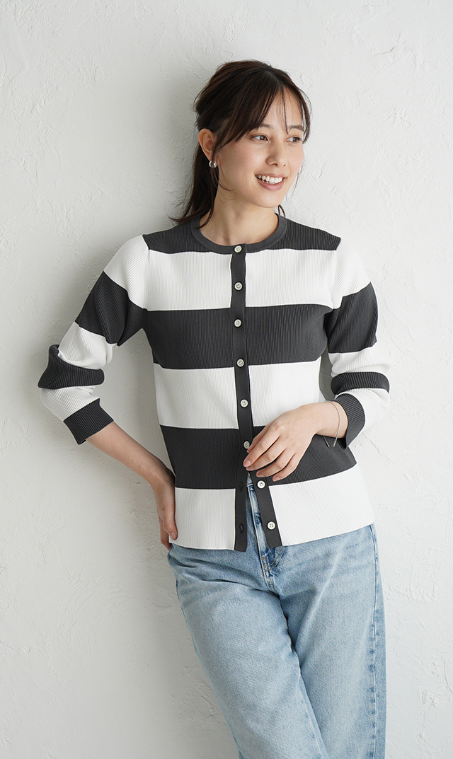 【アダワス】クルーネックボーダーカーディガン(２色展開）