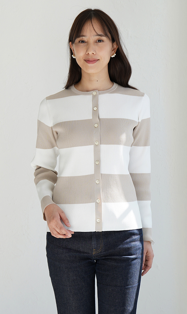 【アダワス】クルーネックボーダーカーディガン(２色展開）