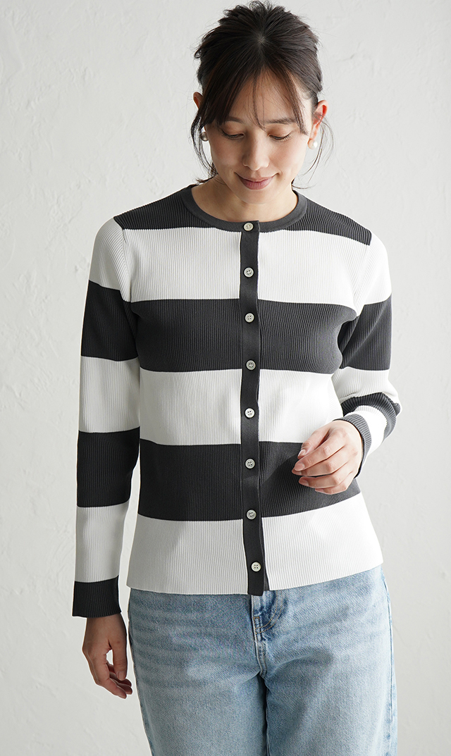 【アダワス】クルーネックボーダーカーディガン(２色展開）