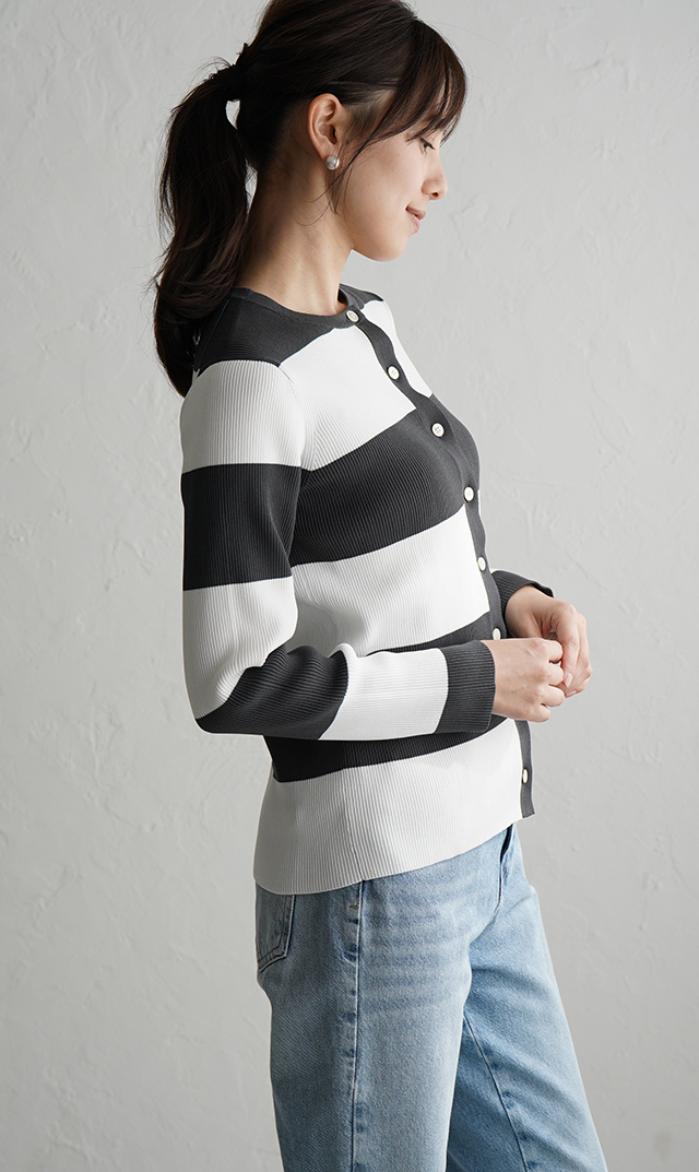 【アダワス】クルーネックボーダーカーディガン(２色展開）