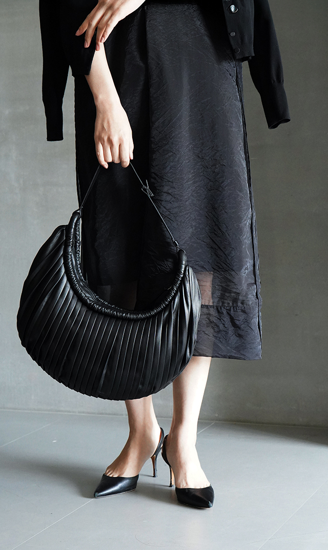 インポートプリーツディテールショルダーバッグ黒