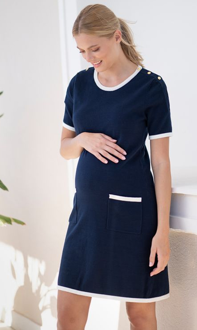 妊娠中のイギリスのキャサリン妃や ハル ベリー ジェシカ アルバ ケイト ハドソンなどおしゃれに敏感な沢山のセレブリティたちにも愛用される セラフィン より ホワイトトリミングがオシャレなニットドレスが入荷