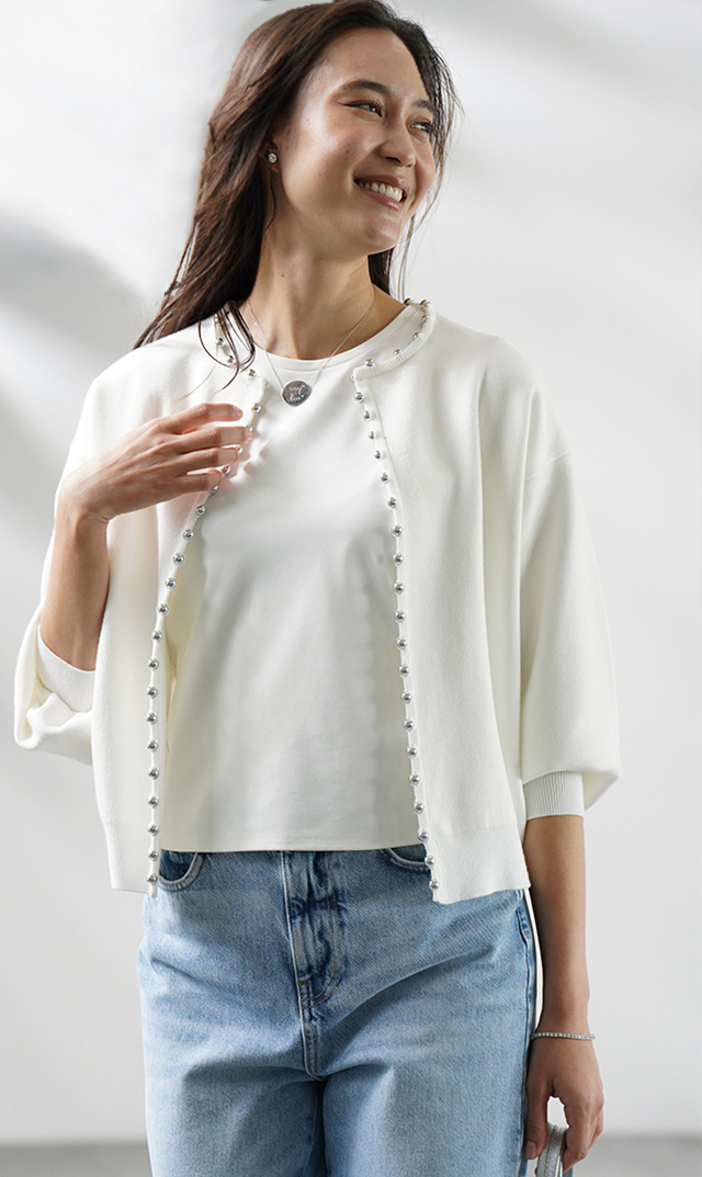 ビーズ カーディガン ビーズキュウシンジャガードニットカーディガン