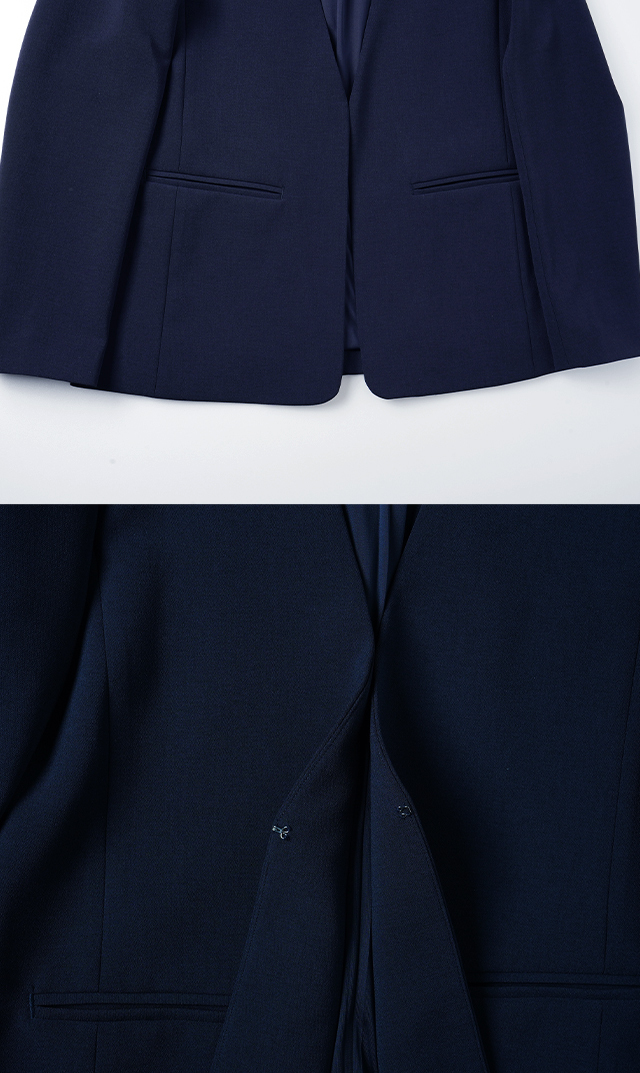 ノーカラーミディ丈ジャケット紺