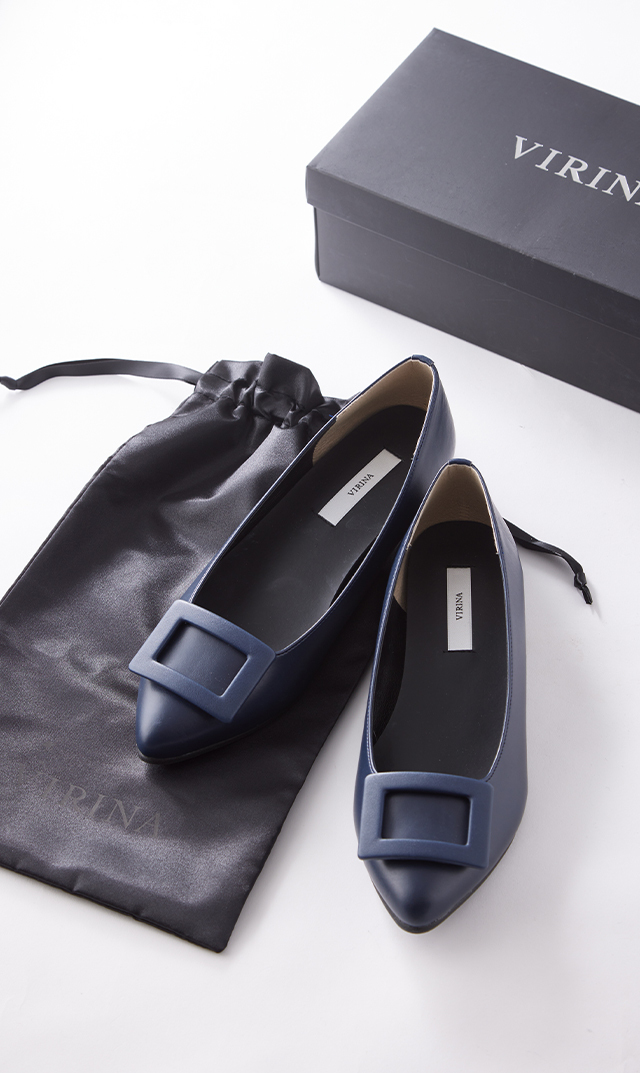 晴雨兼用スクエアバックルパンプス紺