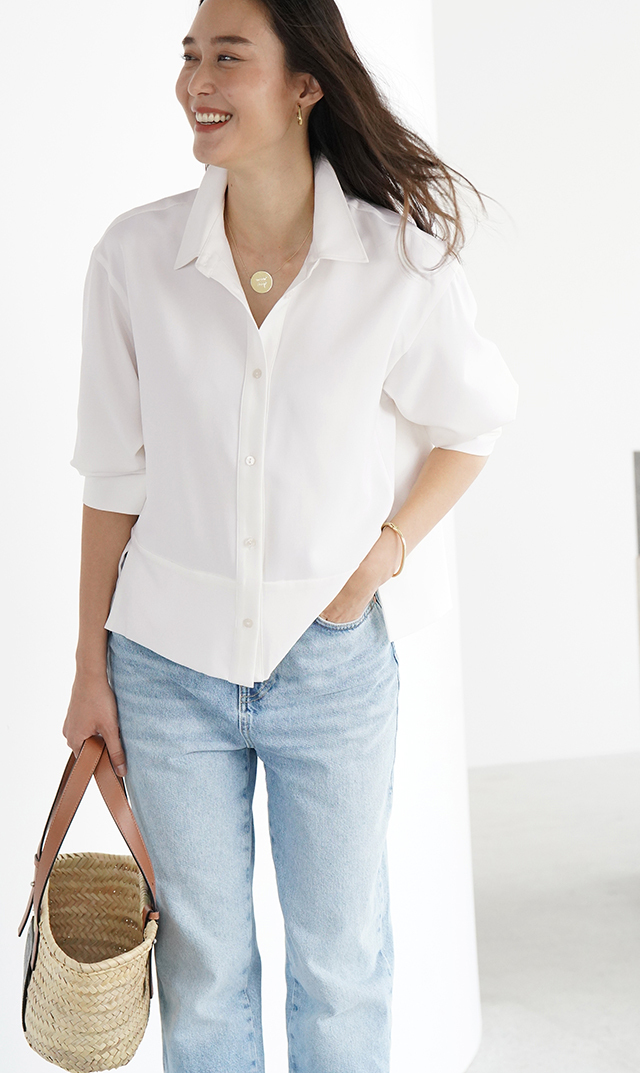 シワになりにくい接触冷感ライラシャツ白