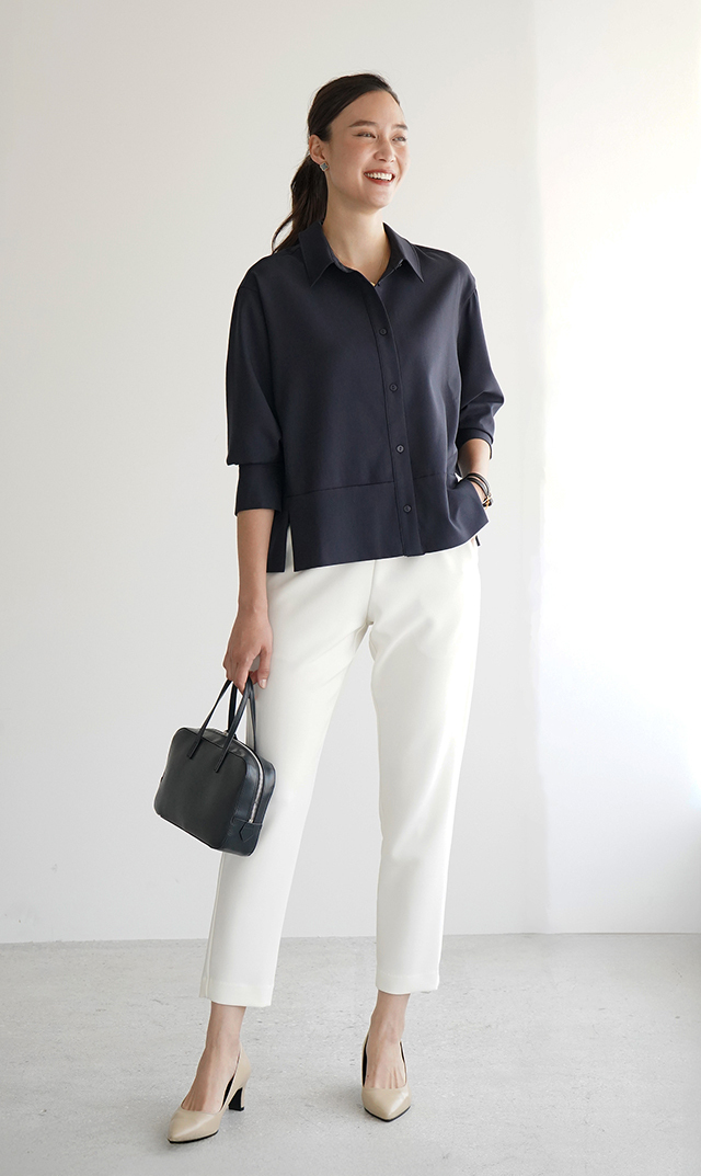 シワになりにくい接触冷感ライラシャツ紺