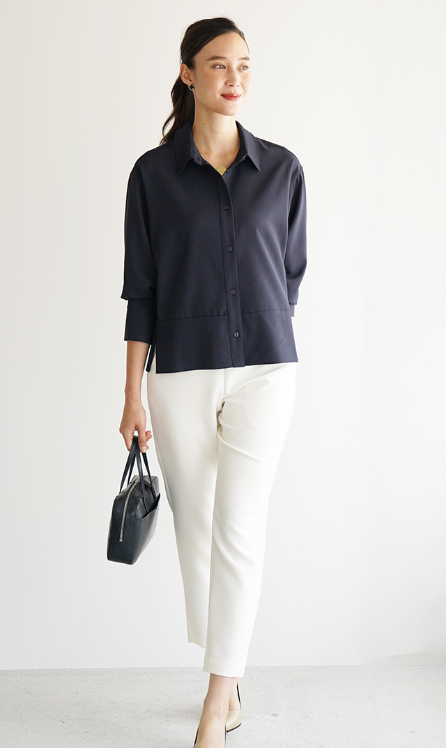 シワになりにくい接触冷感ライラシャツ紺