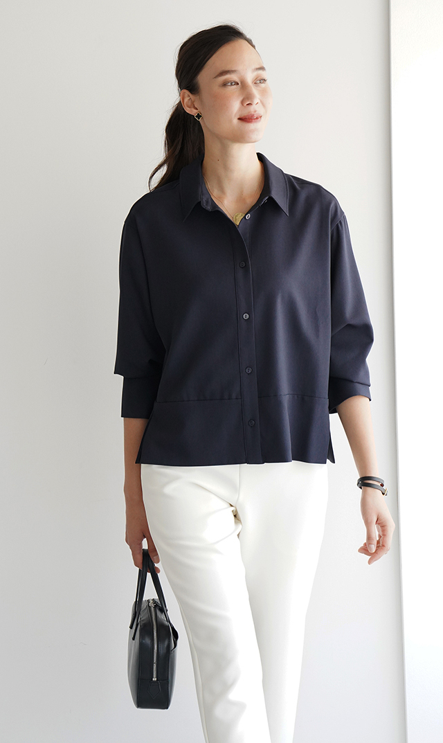 シワになりにくい接触冷感ライラシャツ紺
