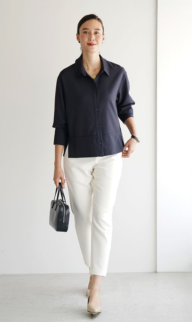 シワになりにくい接触冷感ライラシャツ紺