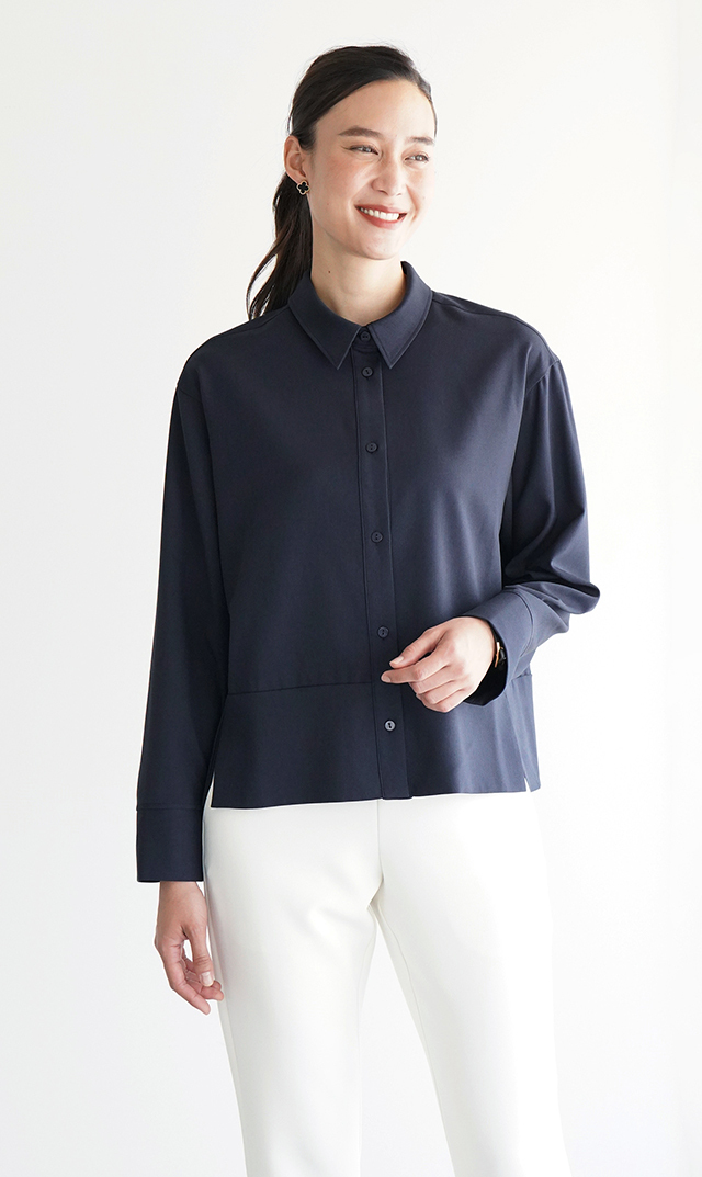 シワになりにくい接触冷感ライラシャツ紺