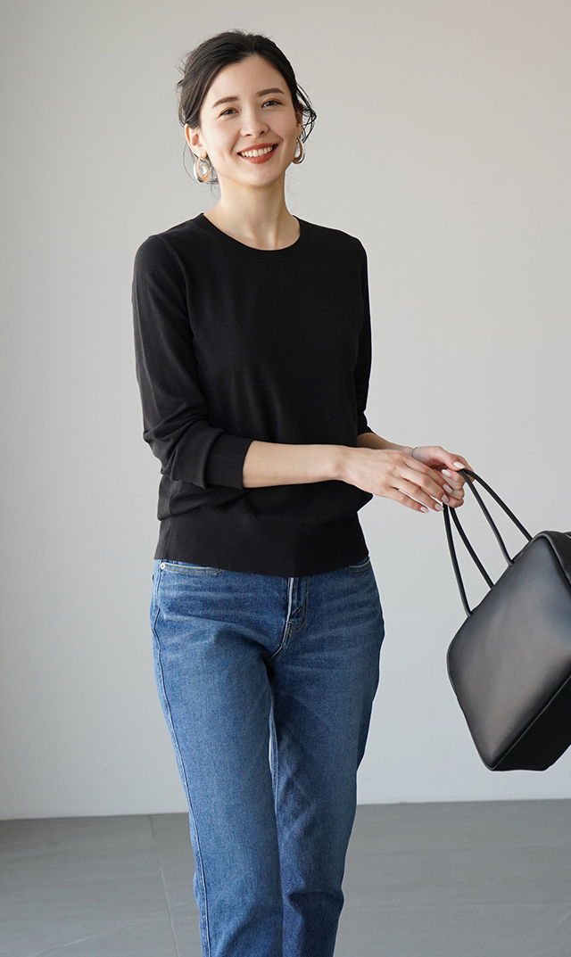 【極美品/シルク混】ドゥロワー サマーニット クルーネック 長袖 ネイビー 極美品/シルク混】ドゥロワー サマーニット クルーネック 長袖