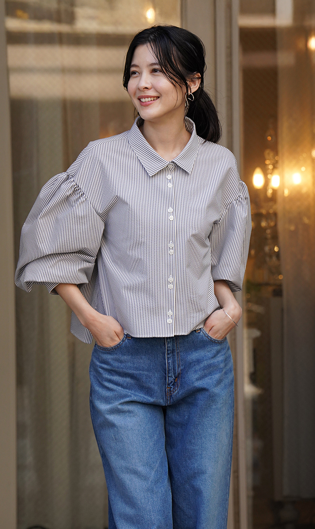 襟付きボリュームロングスリーブシャツブルーストライプ