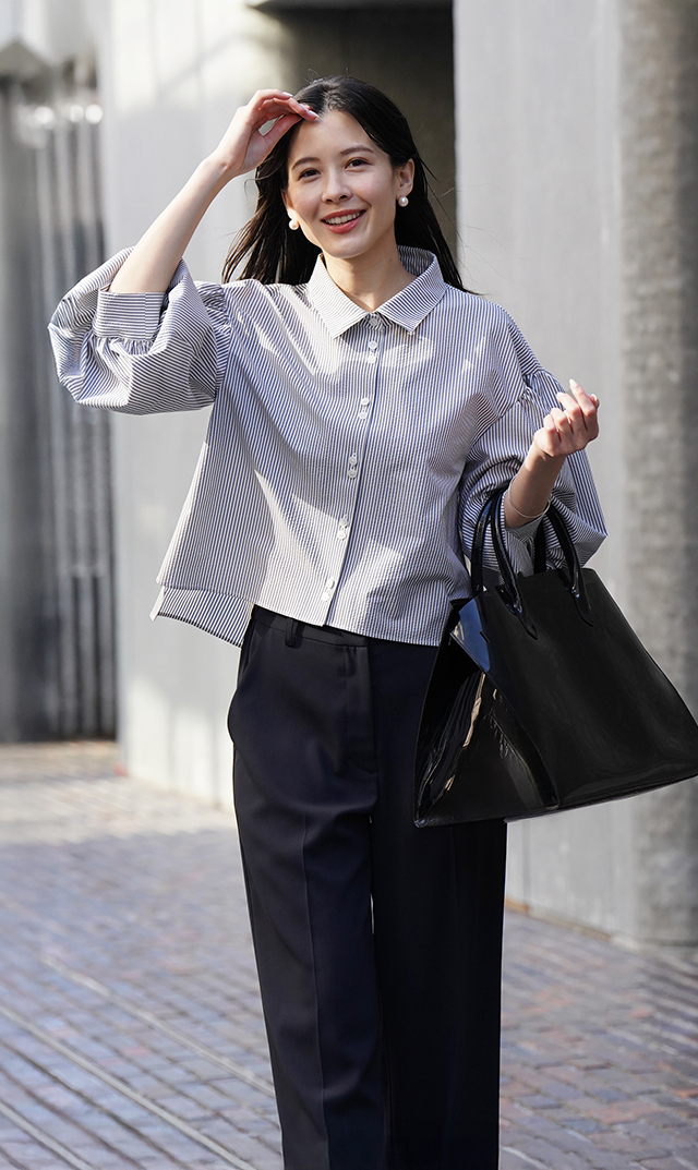 襟付きボリュームロングスリーブシャツブルーストライプ