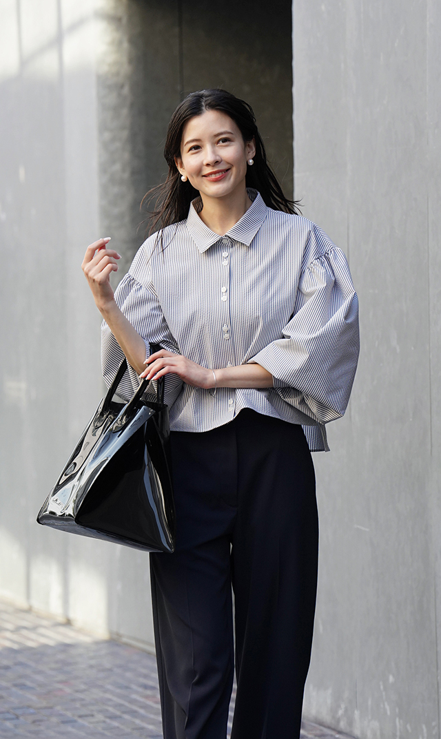 襟付きボリュームロングスリーブシャツブルーストライプ