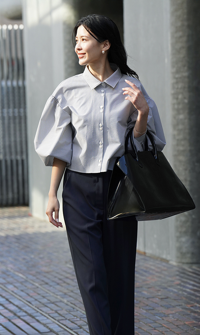 襟付きボリュームロングスリーブシャツブルーストライプ