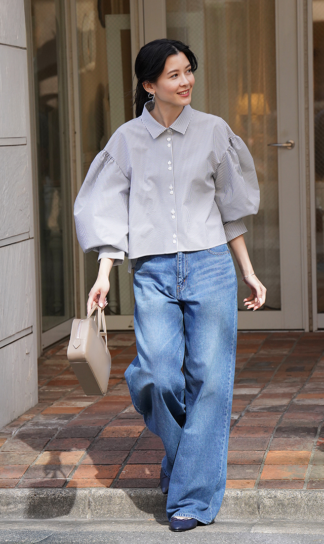 襟付きボリュームロングスリーブシャツブルーストライプ