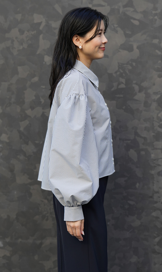 襟付きボリュームロングスリーブシャツブルーストライプ
