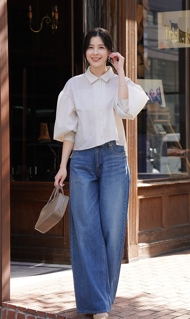 襟付きボリュームロングスリーブシャツ白