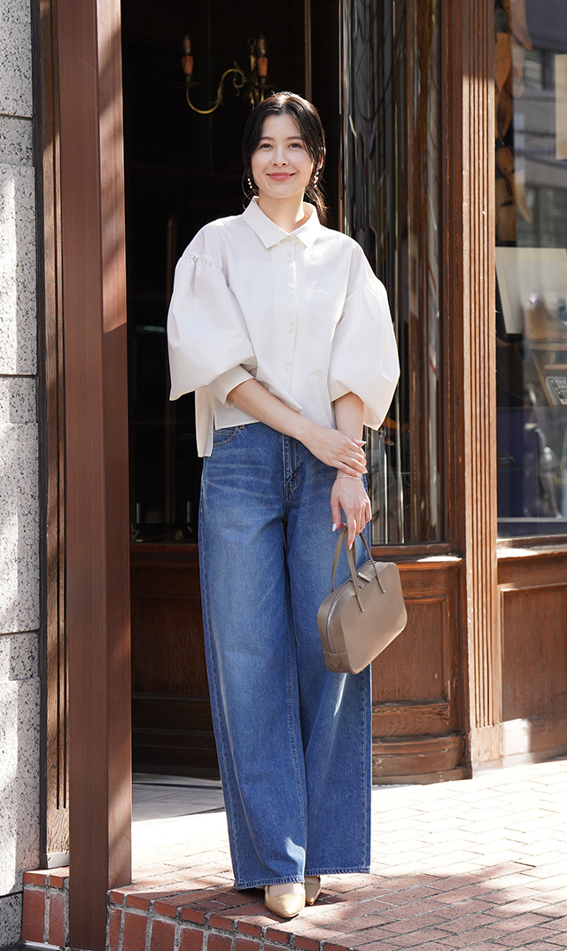 襟付きボリュームロングスリーブシャツ白