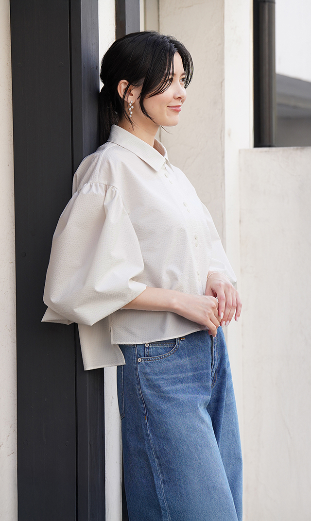 襟付きボリュームロングスリーブシャツ白