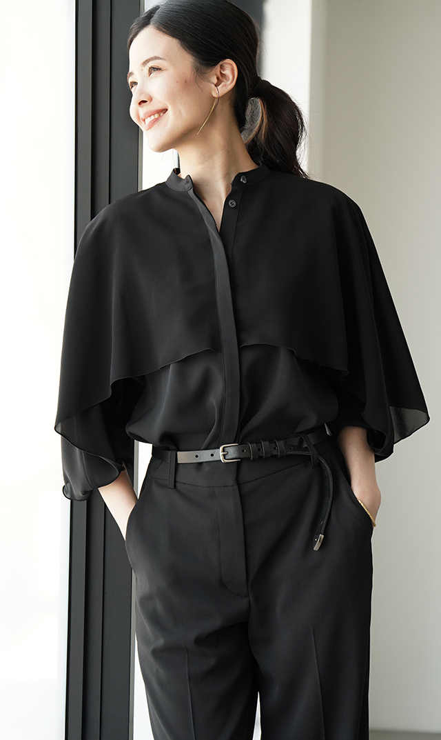 シアー素材レイヤードヴェールブラウス黒紺