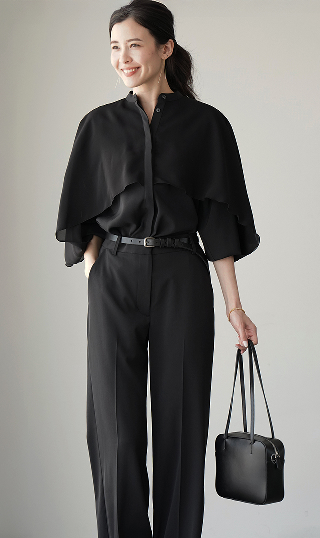 シアー素材レイヤードヴェールブラウス黒紺