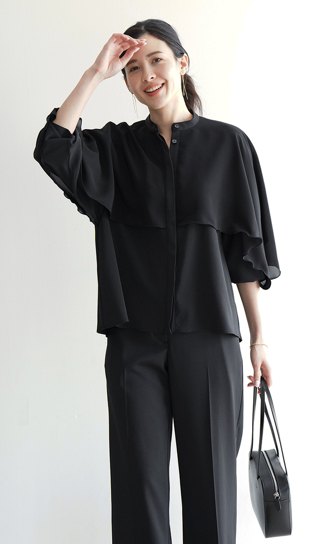 シアー素材レイヤードヴェールブラウス黒紺