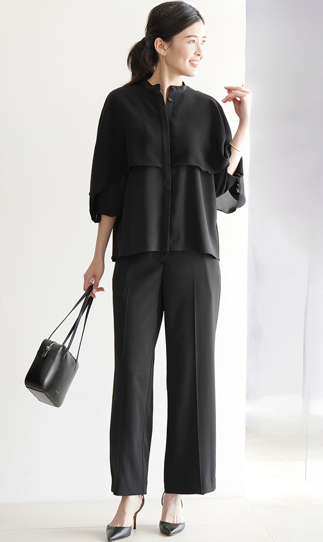 シアー素材レイヤードヴェールブラウス黒紺