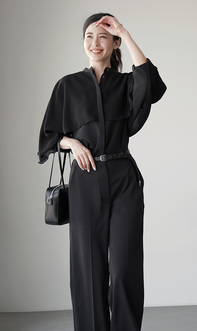 シアー素材レイヤードヴェールブラウス黒紺