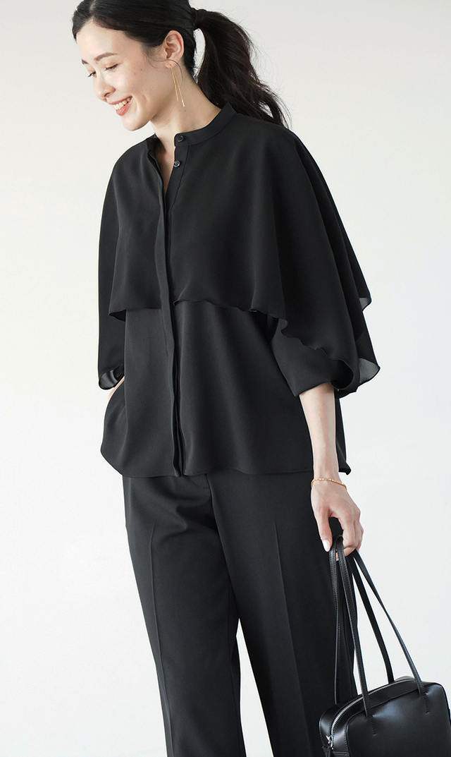 シアー素材レイヤードヴェールブラウス黒紺