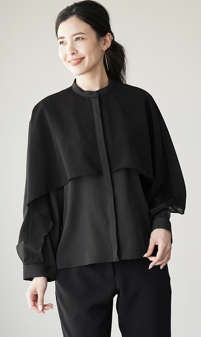 シアー素材レイヤードヴェールブラウス黒紺