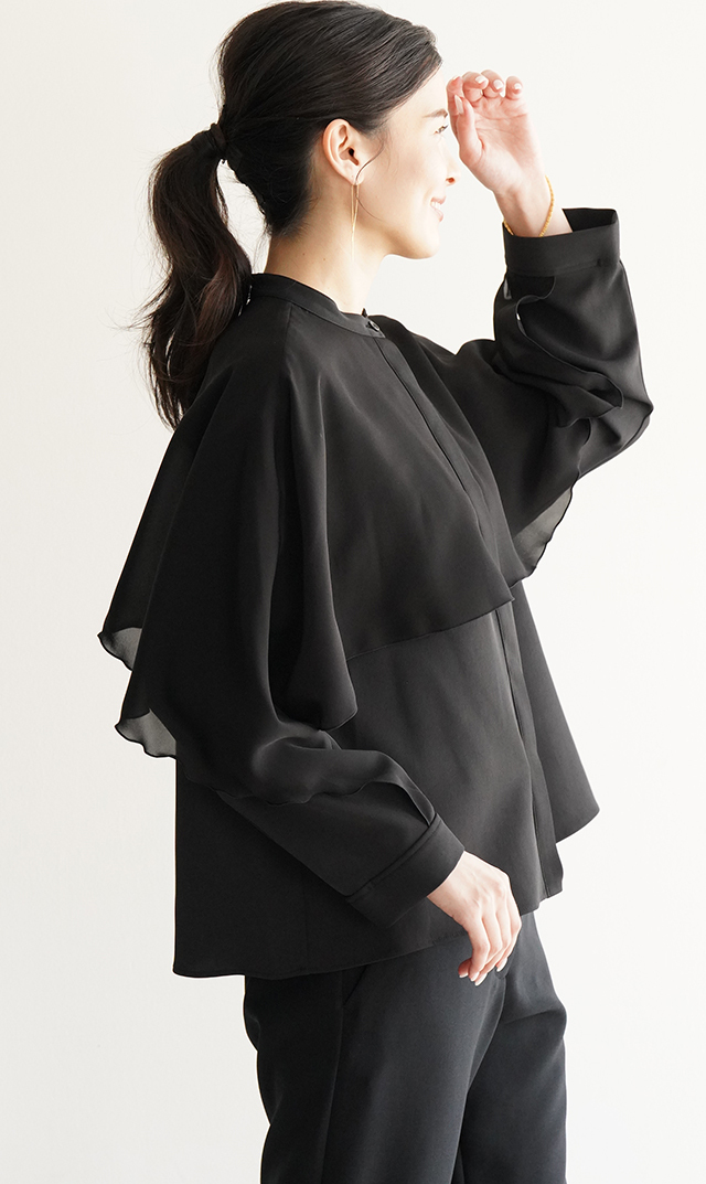 シアー素材レイヤードヴェールブラウス黒紺