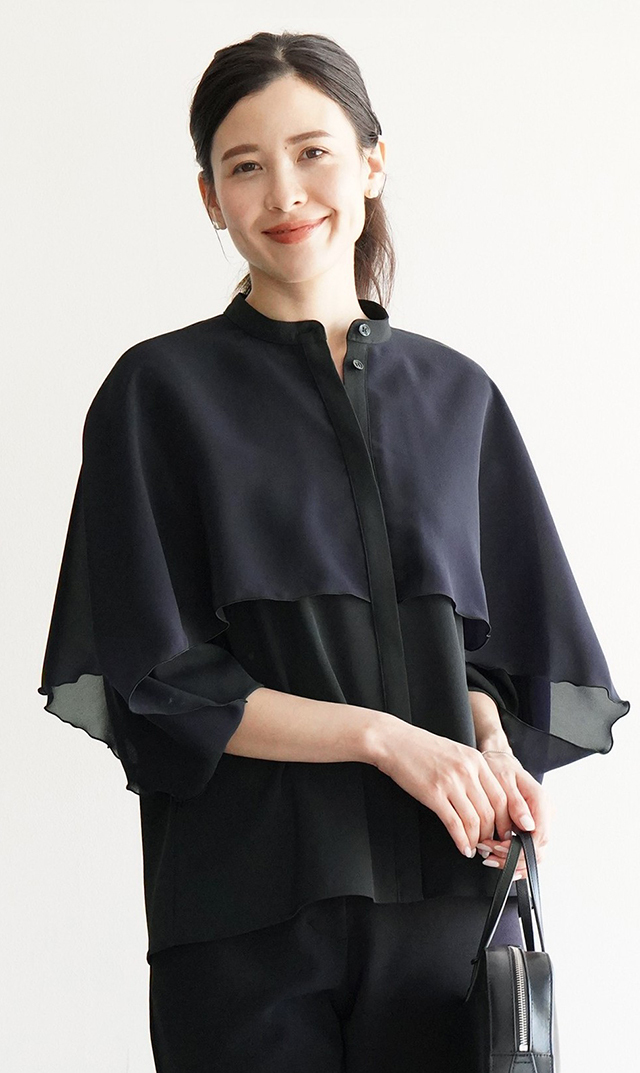 シアー素材レイヤードヴェールブラウス黒紺