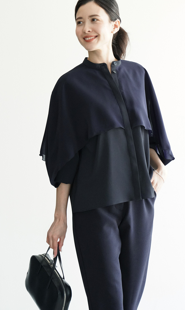 シアー素材レイヤードヴェールブラウス黒紺