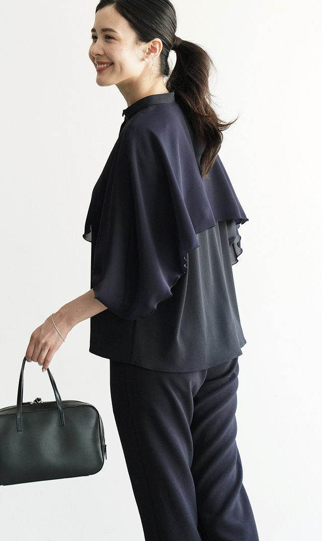 シアー素材レイヤードヴェールブラウス黒紺