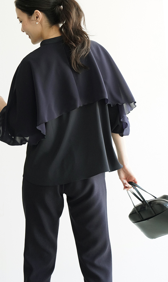 シアー素材レイヤードヴェールブラウス黒紺