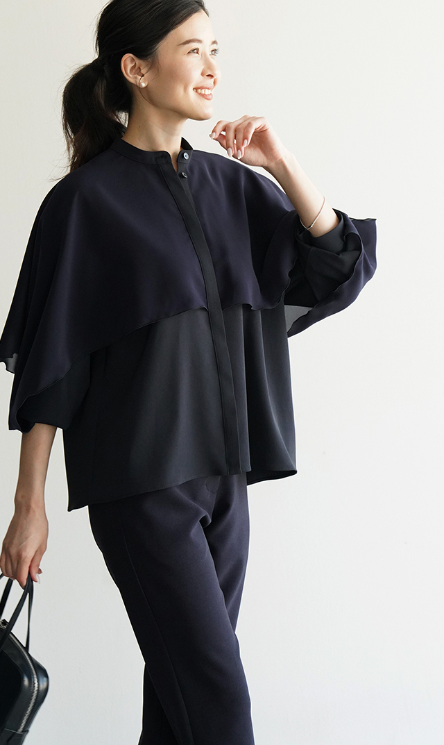 シアー素材レイヤードヴェールブラウス黒紺
