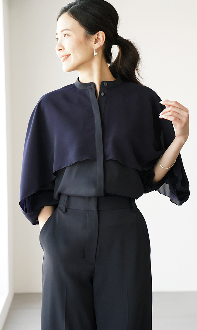 シアー素材レイヤードヴェールブラウス黒紺