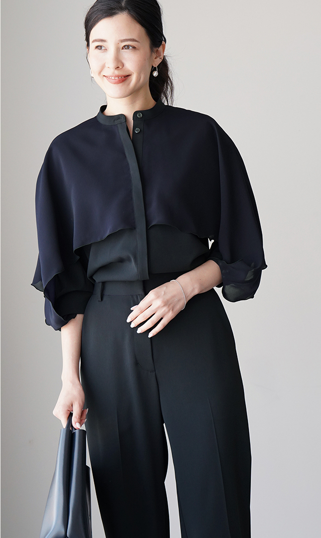 シアー素材レイヤードヴェールブラウス黒紺